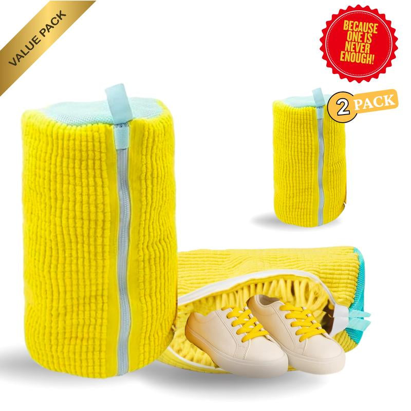 Shoe Washing Machine Bag - 2-Pack Reusable Yellow Value Pack for Tennis Sneakers & Slippers Secure Zipper Lock Quiet Tangle-Free 360° Deep Clean Laundry - Cleaning Shoe Protector Bag