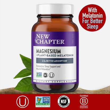 New Chapter Magnesium + Plant-Based Melatonin Sleep Aid - 2.5X Better Absorption+ for Sleep Support & Muscle Relaxation - 30 Count