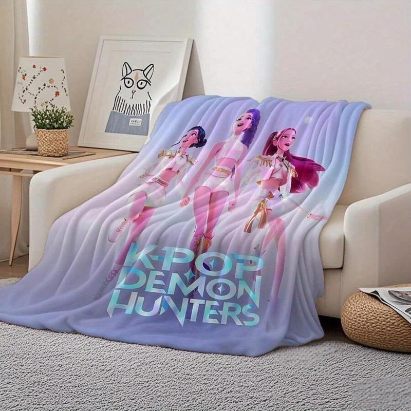 K-POP DEMON HUNTERS Stylized Trio Flannel Blanket - All-Season Comfort Multi-Purpose Printed Throw, Suitable for Sofa, Bed, Office & Home Decor, Perfect Halloween Gift-280Gsm