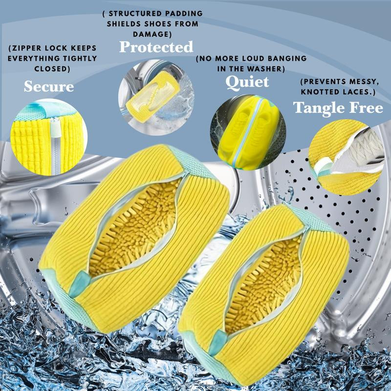 Shoe Washing Machine Bag - 2-Pack Reusable Yellow Value Pack for Tennis Sneakers & Slippers Secure Zipper Lock Quiet Tangle-Free 360° Deep Clean Laundry - Cleaning Shoe Protector Bag
