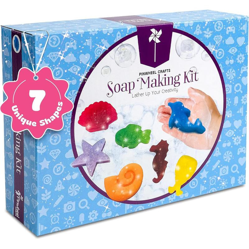 Pinwheel Crafts DIY Soap Making Kit - 16 Custom Soaps in 7 Unique Sea Life Shapes - Fun for Kids & Adults - Includes Molds, Scents & Colors - Gift for Kids Ages 6-12