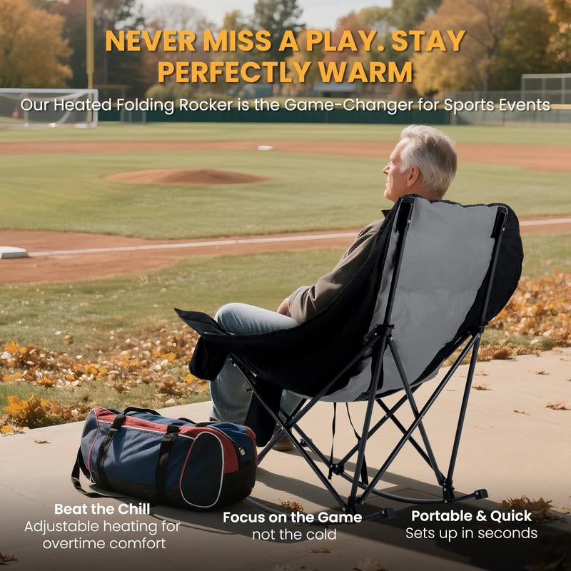 Naudacaa Oversized Heated Rocking Chair, 400Lbs Capacity, Fully Padded Patio & Outdoor Folding Chair with 3-Level Back Heat, Headrest & Cup Holder, Perfect for Camping, Backyard, Lawn, and Patio