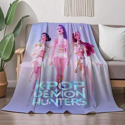 K-POP DEMON HUNTERS Stylized Trio Flannel Blanket - All-Season Comfort Multi-Purpose Printed Throw, Suitable for Sofa, Bed, Office & Home Decor, Perfect Halloween Gift-280Gsm
