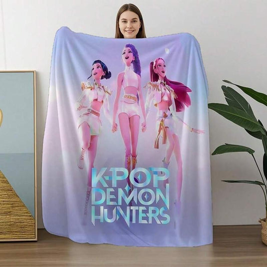 K-POP DEMON HUNTERS Stylized Trio Flannel Blanket - All-Season Comfort Multi-Purpose Printed Throw, Suitable for Sofa, Bed, Office & Home Decor, Perfect Halloween Gift-280Gsm