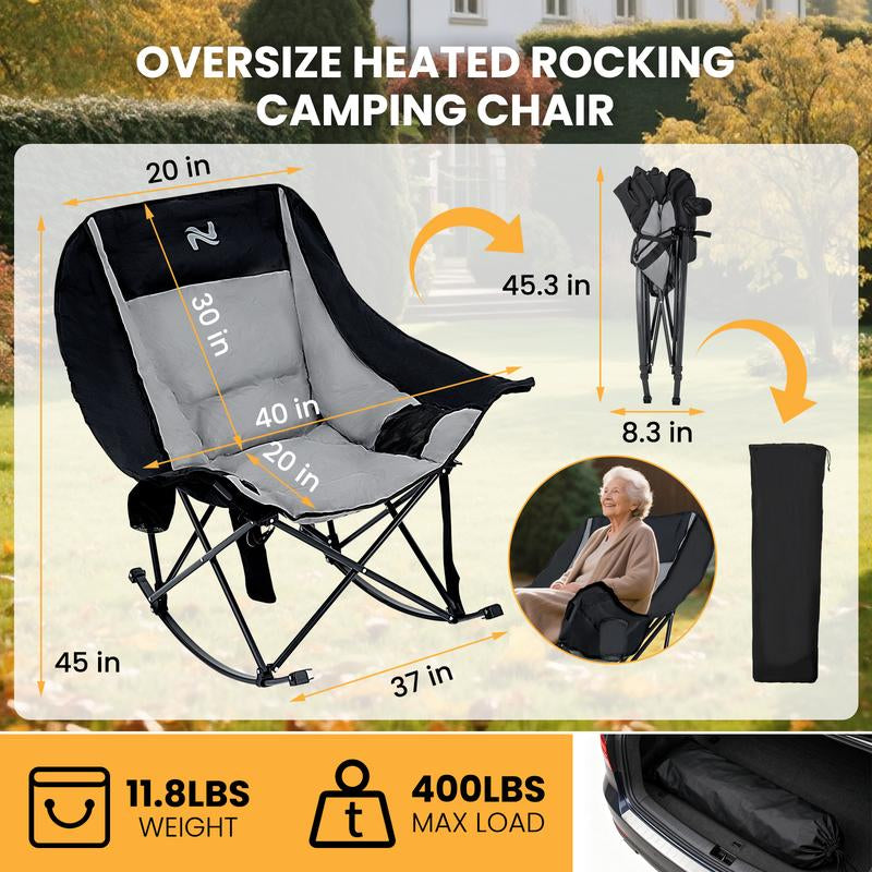 Naudacaa Oversized Heated Rocking Chair, 400Lbs Capacity, Fully Padded Patio & Outdoor Folding Chair with 3-Level Back Heat, Headrest & Cup Holder, Perfect for Camping, Backyard, Lawn, and Patio