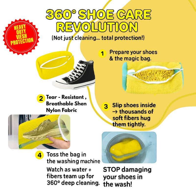 Shoe Washing Machine Bag - 2-Pack Reusable Yellow Value Pack for Tennis Sneakers & Slippers Secure Zipper Lock Quiet Tangle-Free 360° Deep Clean Laundry - Cleaning Shoe Protector Bag