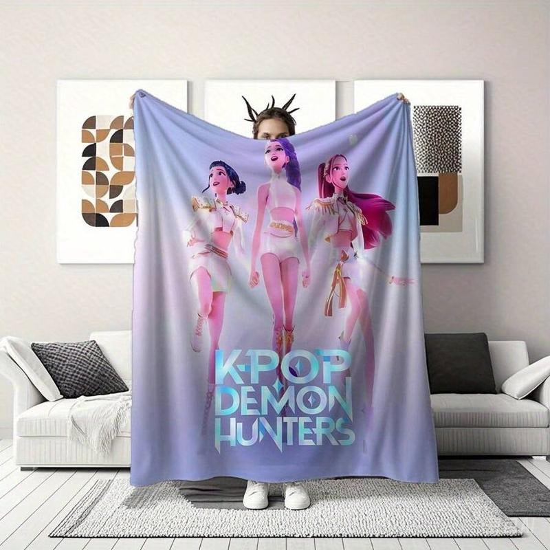K-POP DEMON HUNTERS Stylized Trio Flannel Blanket - All-Season Comfort Multi-Purpose Printed Throw, Suitable for Sofa, Bed, Office & Home Decor, Perfect Halloween Gift-280Gsm