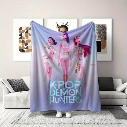 K-POP DEMON HUNTERS Stylized Trio Flannel Blanket - All-Season Comfort Multi-Purpose Printed Throw, Suitable for Sofa, Bed, Office & Home Decor, Perfect Halloween Gift-280Gsm
