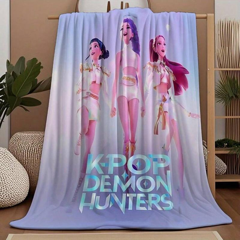 K-POP DEMON HUNTERS Stylized Trio Flannel Blanket - All-Season Comfort Multi-Purpose Printed Throw, Suitable for Sofa, Bed, Office & Home Decor, Perfect Halloween Gift-280Gsm