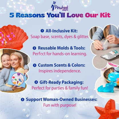 Pinwheel Crafts DIY Soap Making Kit - 16 Custom Soaps in 7 Unique Sea Life Shapes - Fun for Kids & Adults - Includes Molds, Scents & Colors - Gift for Kids Ages 6-12