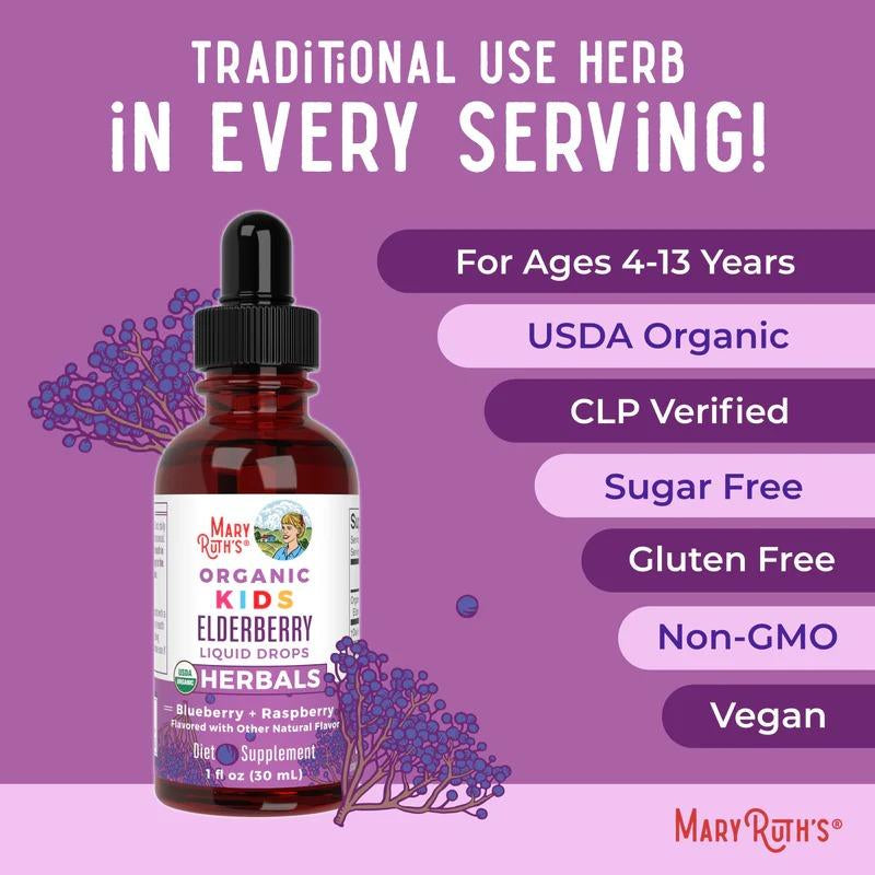 Maryruth'S USDA Organic Elderberry Liquid Drops for Kids – Vegan Elderberry Extract in Organic Glycerin – Supports Immune Health & Overall Wellness – for Ages 4–13 – 1 Fl Oz