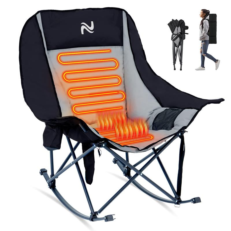 Naudacaa Oversized Heated Rocking Chair, 400Lbs Capacity, Fully Padded Patio & Outdoor Folding Chair with 3-Level Back Heat, Headrest & Cup Holder, Perfect for Camping, Backyard, Lawn, and Patio