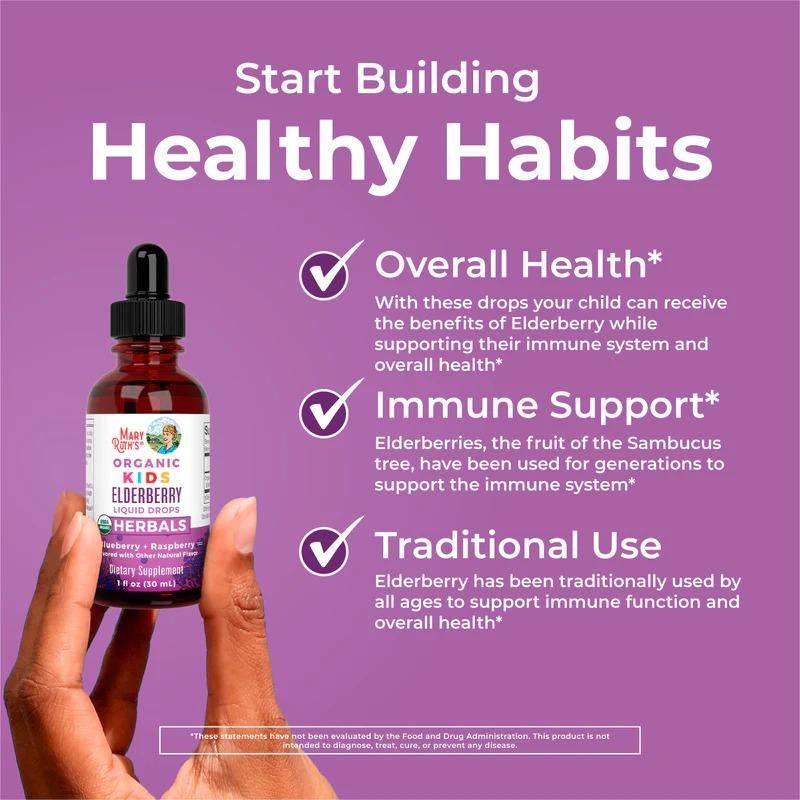 Maryruth'S USDA Organic Elderberry Liquid Drops for Kids – Vegan Elderberry Extract in Organic Glycerin – Supports Immune Health & Overall Wellness – for Ages 4–13 – 1 Fl Oz