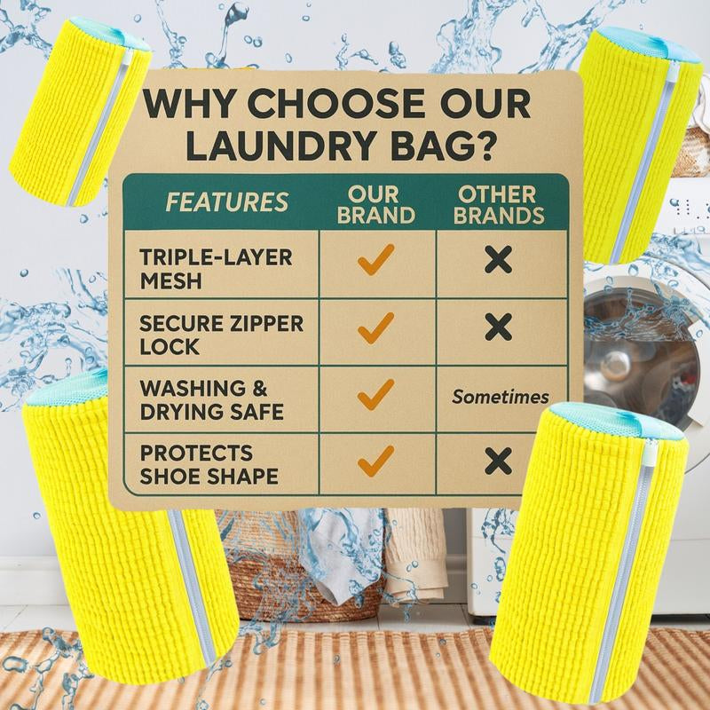 Shoe Washing Machine Bag - 2-Pack Reusable Yellow Value Pack for Tennis Sneakers & Slippers Secure Zipper Lock Quiet Tangle-Free 360° Deep Clean Laundry - Cleaning Shoe Protector Bag