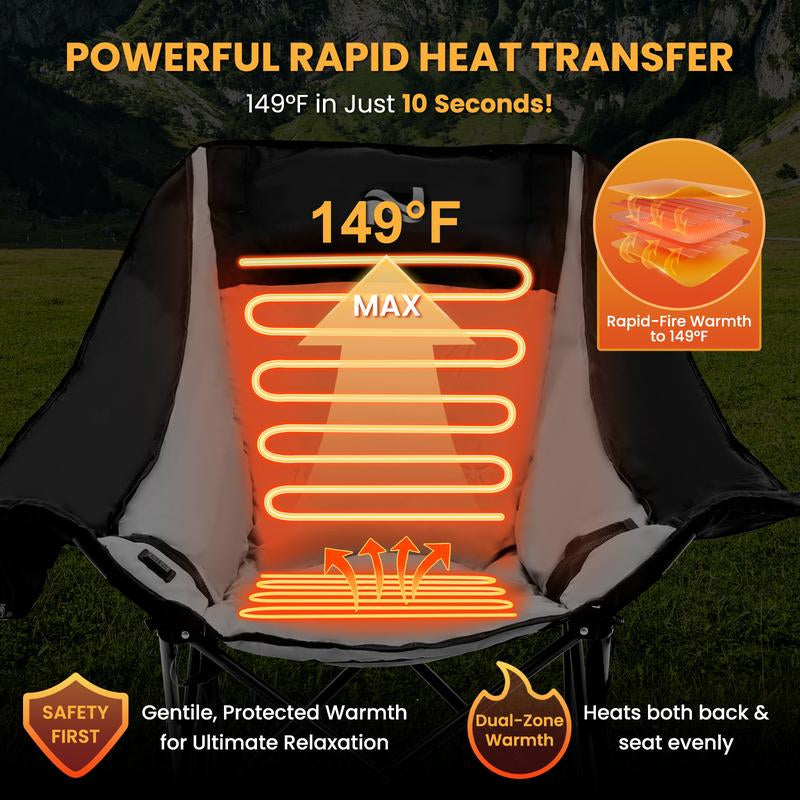 Naudacaa Oversized Heated Rocking Chair, 400Lbs Capacity, Fully Padded Patio & Outdoor Folding Chair with 3-Level Back Heat, Headrest & Cup Holder, Perfect for Camping, Backyard, Lawn, and Patio