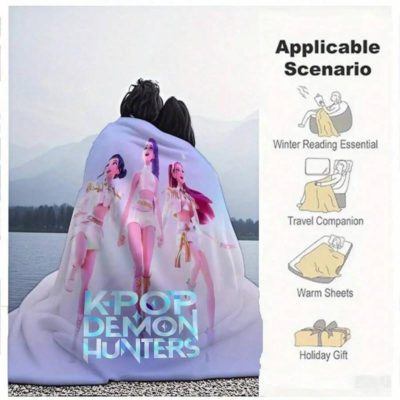 K-POP DEMON HUNTERS Stylized Trio Flannel Blanket - All-Season Comfort Multi-Purpose Printed Throw, Suitable for Sofa, Bed, Office & Home Decor, Perfect Halloween Gift-280Gsm