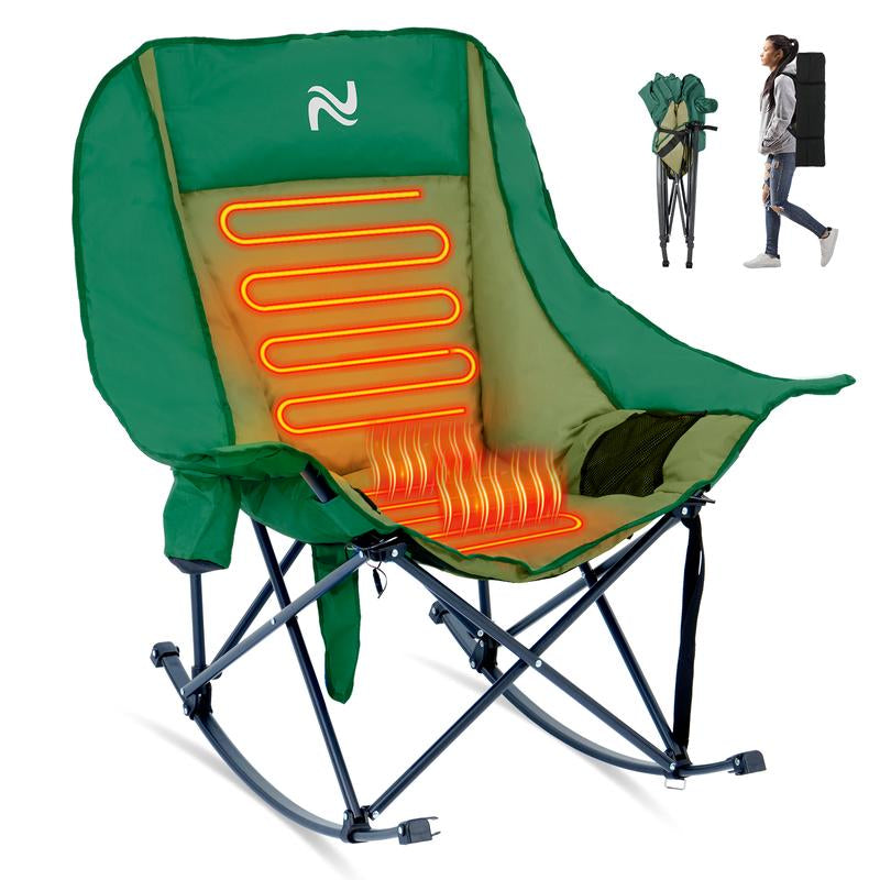 Naudacaa Oversized Heated Rocking Chair, 400Lbs Capacity, Fully Padded Patio & Outdoor Folding Chair with 3-Level Back Heat, Headrest & Cup Holder, Perfect for Camping, Backyard, Lawn, and Patio