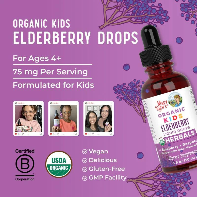 Maryruth'S USDA Organic Elderberry Liquid Drops for Kids – Vegan Elderberry Extract in Organic Glycerin – Supports Immune Health & Overall Wellness – for Ages 4–13 – 1 Fl Oz