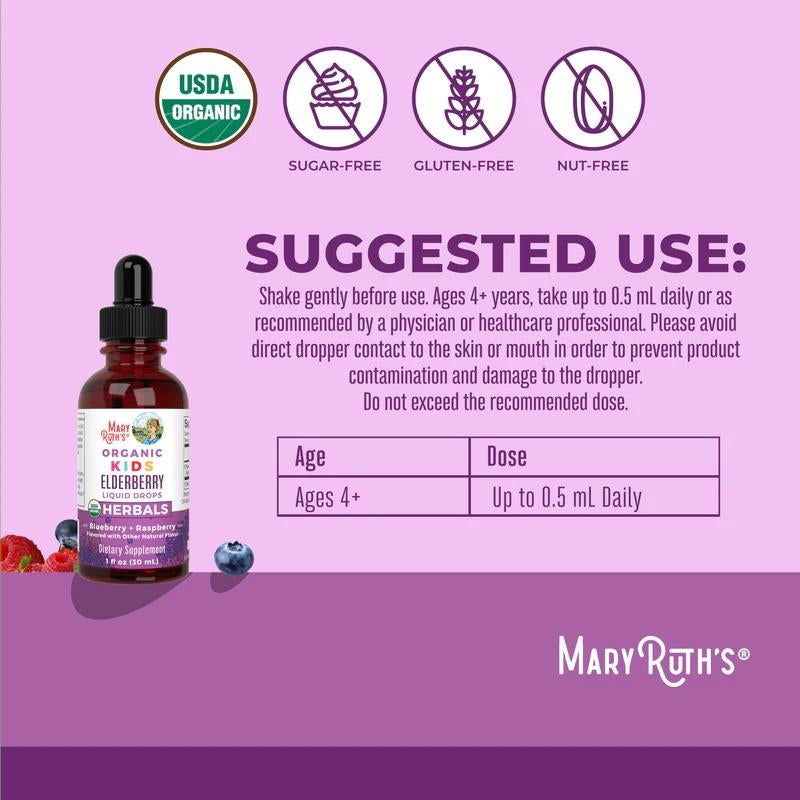 Maryruth'S USDA Organic Elderberry Liquid Drops for Kids – Vegan Elderberry Extract in Organic Glycerin – Supports Immune Health & Overall Wellness – for Ages 4–13 – 1 Fl Oz