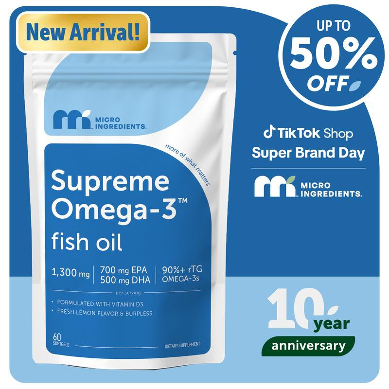 Micro Ingredients Supreme Omega-3 Fish Oil W/Ultra High EPA & DHA, Burpless Softgels | Rtg Omega-3 with Vitamin D3 | Wild-Caught Cold Deep-Sea Water | Lemon Flavor, Easy to Swallow, 60Ct