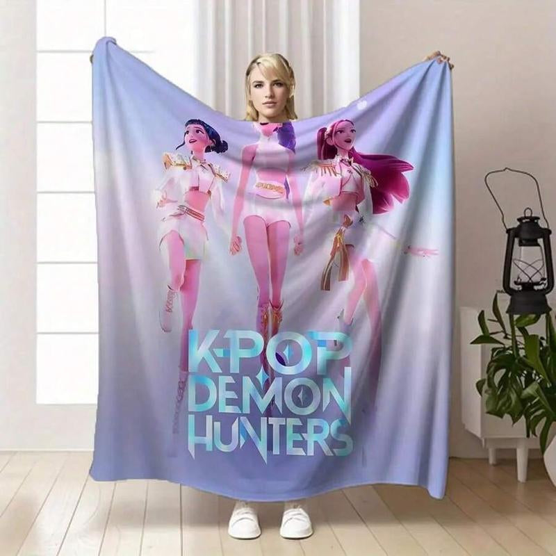 K-POP DEMON HUNTERS Stylized Trio Flannel Blanket - All-Season Comfort Multi-Purpose Printed Throw, Suitable for Sofa, Bed, Office & Home Decor, Perfect Halloween Gift-280Gsm